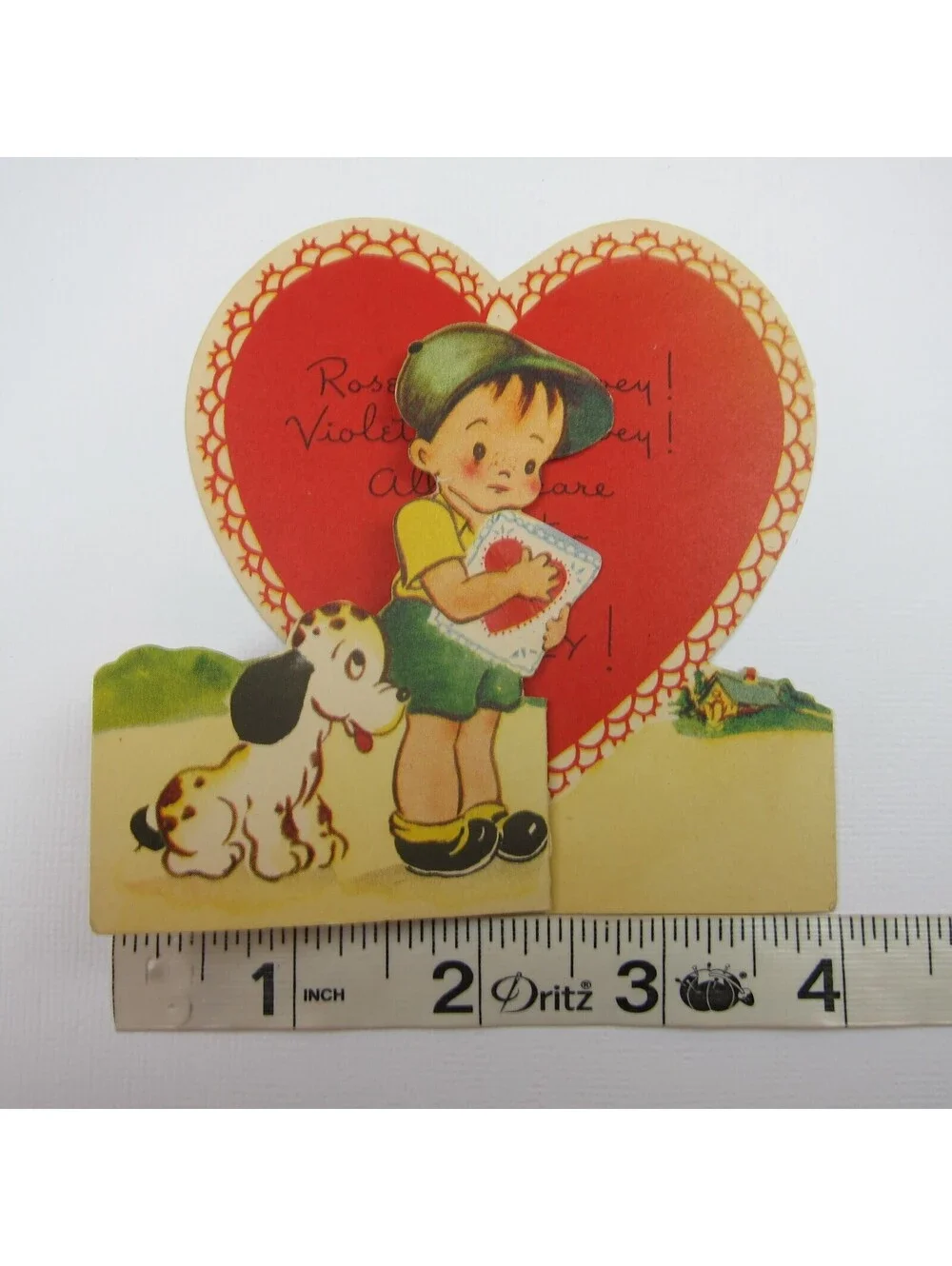 Vintage Valentine Boy & Dalmatian Puppy Dog Red Heart Card Foldout Americard